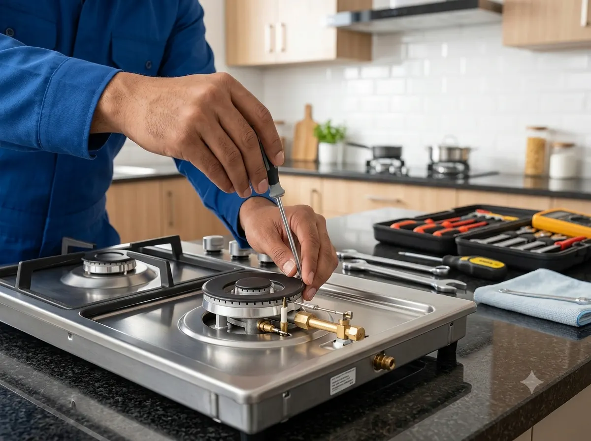 Close-up of a technician repairing a gas burner assembly with a screwdriver