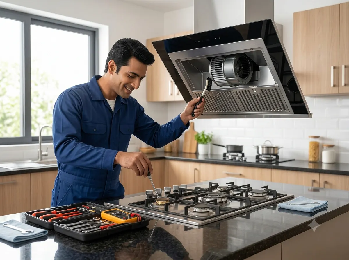 Technician inspecting a gas oven inside a modern kitchen counter
