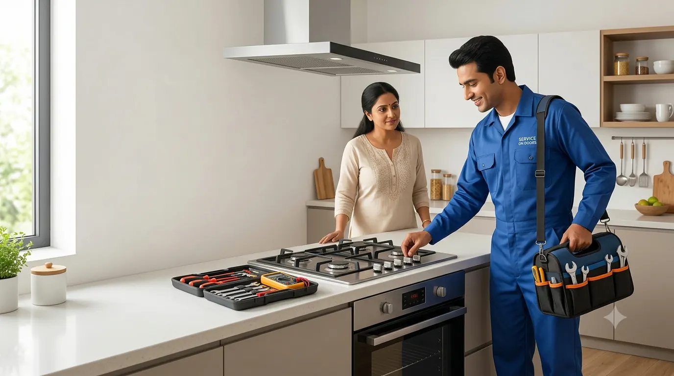 Guru Gas Stove Repair technician checking a gas hob at a customer's home kitchen