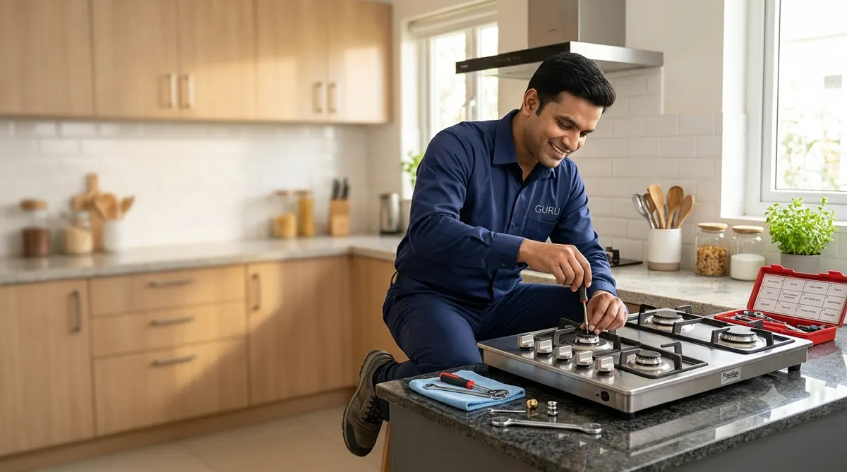 Technician repairing a stainless steel gas stove at a customer's home